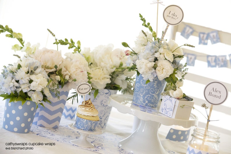 6 Serenity Blue VASES for Tea Party, Baby, Bridal, Shower, Baptism Centerpieces. Polka Dot & Damask Flower Pots. Table Decorations Favors image 3