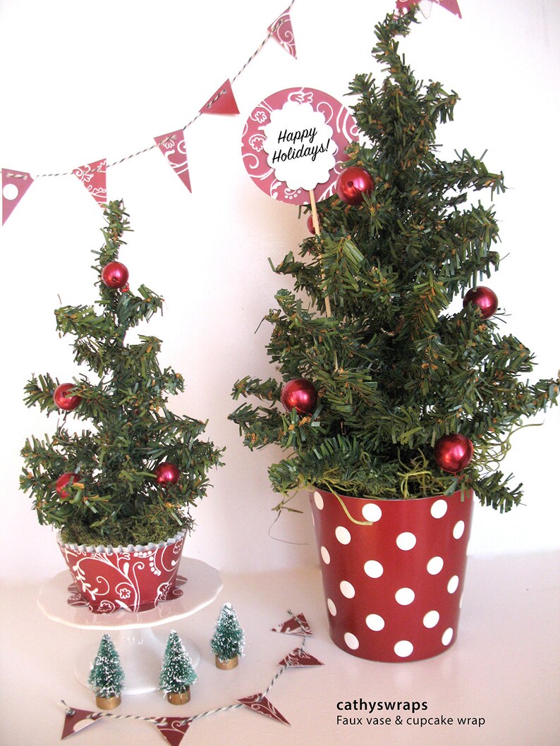 Marsala Red / Green Christmas Holiday Centerpiece Vases, Decorations, Hostess Gifts / Damask, Polka Dot Flower Pot Vase, Party Favors Set 6 image 2