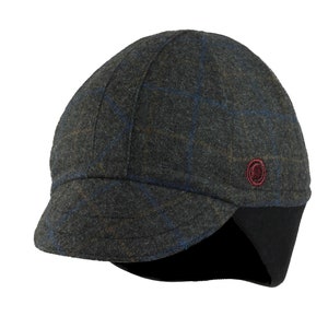 Gregario Winter Cap handmade with short brim by Red Dots Cycling. 100% Italian wool cashmere fabric. Colors: grey, blue & camel. Black ear flap is double-layered, bamboo cotton ribbed. Red Dots burgundy logo embroidered on side panel.