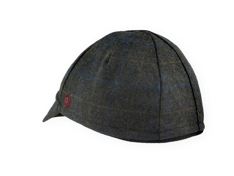 Gregario Winter Cap handmade with short brim by Red Dots Cycling. 100% Italian wool cashmere fabric in grey, blue & camel. Ear flap inside cap position. Red Dots burgundy logo embroidered on side panel.