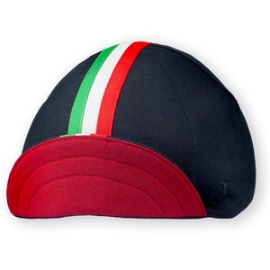 Tifosi Cycling Cap
A four-panel, Black linen/cotton hat with a red under brim. Green, white and red ribbon runs from the back of the hat to the bottom of the brim. Red Dots embroidered Black logo on the side panel.