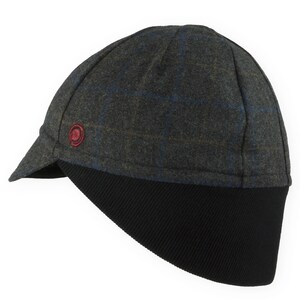 Gregario Winter Cap handmade with short brim by Red Dots Cycling. 100% Italian wool cashmere fabric. Colors: grey, blue & camel. Black ear flap is double-layered, bamboo cotton ribbed. Red Dots burgundy logo embroidered on side panel.