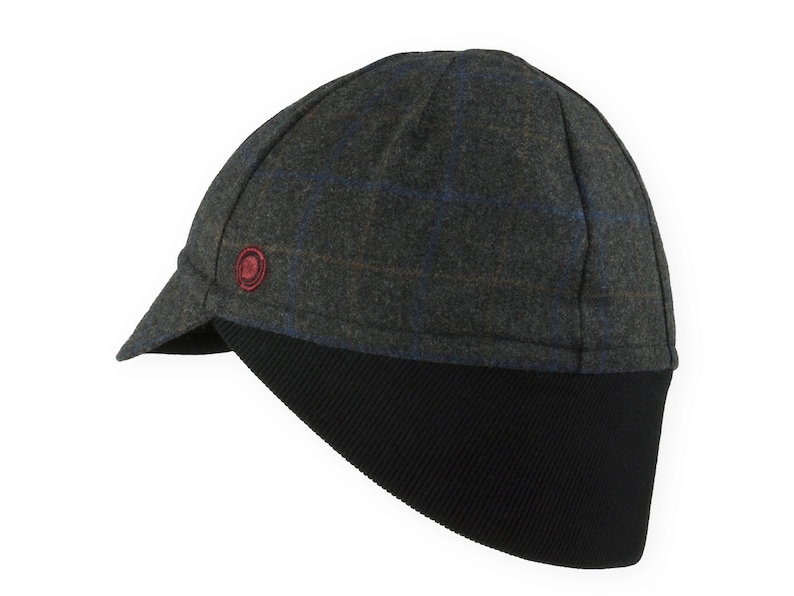 Gregario Winter Cap handmade with short brim by Red Dots Cycling. 100% Italian wool cashmere fabric. Colors: grey, blue & camel. Black ear flap is double-layered, bamboo cotton ribbed. Red Dots burgundy logo embroidered on side panel.