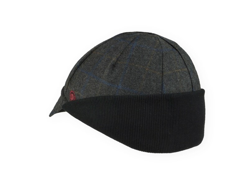 Gregario Winter Cap handmade with short brim by Red Dots Cycling. 100% Italian wool cashmere fabric. Colors: grey, blue & camel. Black ear flap is double-layered, bamboo cotton ribbed in up position. Red Dots burgundy logo embroidered on side panel.