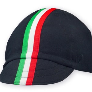 Tifosi Cycling Cap
A four-panel, Black linen/cotton hat with a short brim. Green, white and red ribbon runs from the back of the hat to the bottom of the brim. Red Dots embroidered black logo on the side panel.