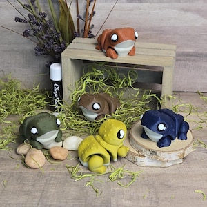 May include: Five small frog figurines in different colors, including green, brown, yellow, orange, and blue. The frogs are sitting on a wooden surface with green moss and rocks.
