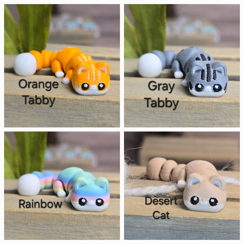 K&ouml;nnte beinhalten: Vier handgefertigte Katzenfiguren aus Polymer Clay in verschiedenen Farben und Mustern. Die Katzen sind in einer Schlafposition zusammengerollt. Die Farben sind orange Tabby, grau Tabby, Regenbogen und W&uuml;stenkatze.