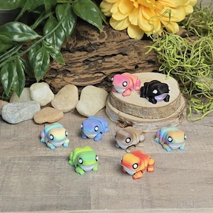 Puede incluir: Una colección de figuras de ranas coloridas en varios tonos, incluyendo rosa, azul, verde y marrón. Las ranas tienen ojos blancos y están dispuestas sobre una superficie de madera con elementos naturales en el fondo.