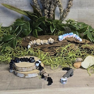 Può includere: Una collezione di figurine di furetti fatte a mano in argilla polimerica in vari colori e motivi. Alcuni sono bianchi e neri, altri grigi e uno è un arcobaleno pastello. Sono disposti su una superficie di legno con vegetazione.