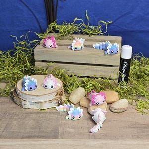 May include: A set of seven colorful axolotl figurines, each with a different color scheme and pose. The figurines are made of polymer clay and have a whimsical, cartoonish style. They are displayed on a wooden shelf and a birch bark base.