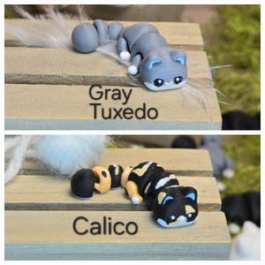 K&ouml;nnte beinhalten: Zwei kleine, handbemalte Katzenfiguren aus Polymer Clay. Die erste Katze ist grau mit einer wei&szlig;en Brust und einer schwarzen Nase. Die zweite Katze ist schwarz, wei&szlig; und orange mit einer wei&szlig;en Brust und einer schwarzen Nase. Der Text "Gray Tuxedo" befindet sich unter der ersten Katze und "Calico" unter der zweiten Katze.
