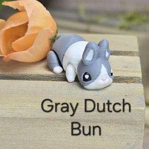 K&ouml;nnte beinhalten: Eine grau, wei&szlig; und schwarze Hasenfigur mit gro&szlig;en Ohren und einer rosa Nase. Die Figur steht auf einer Holzoberfl&auml;che mit dem Text "Gray Dutch Bun" in Schwarz gedruckt. Im Hintergrund befindet sich eine orangefarbene Blume.