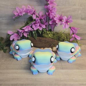 Puede incluir: Tres figuras de rana de colores arcoíris pastel. Cada rana tiene ojos blancos grandes y vientre blanco. Las ranas están dispuestas sobre una superficie de madera, con flores moradas en el fondo, creando una exhibición caprichosa.