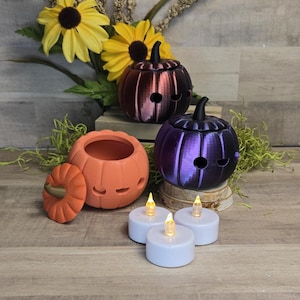 Op de afbeelding: Een verzameling Halloween-pompoendecoraties. De afbeelding toont oranje, paarse en donkerrode pompoenvormige containers met uitgesneden gezichten. Batterijgevoede theelichtjes zijn voor de pompoenen geplaatst, met zonnebloemen op de achtergrond.