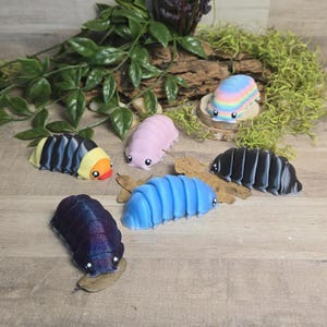 May include: A collection of colorful, stylized pill bug figurines. The figurines are in various colors, including blue, pink, purple, and rainbow. Each bug has a rounded body and small, round eyes. The figurines are arranged on a wooden surface with greenery in the background.