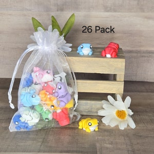 May include: A white mesh bag filled with 26 colorful frog figurines. The bag is sitting on a wooden surface with a white flower and two frogs on a wooden crate. The crate has the text "26 Pack" on it.