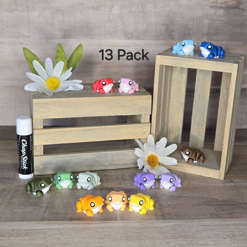 May include: A 13 pack of small frog figurines in various colors, including green, red, blue, purple, orange, yellow, brown, and pink. The frogs are arranged on a wooden surface with a flower and a tube of ChapStick.