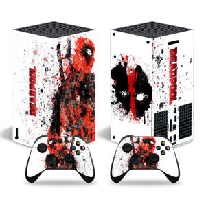 May include: A white Xbox Series X console and controller with a Deadpool themed skin. The console and controller feature a white background with red and black splatter paint and a Deadpool character graphic.