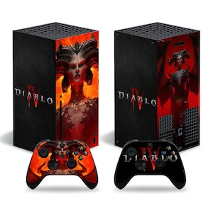 May include: A set of two Xbox Series X console and controller skins featuring the Diablo IV logo and artwork. The console skin is black with red accents and the controller skin is black with red and white accents. The artwork features a demon with red horns and a red and black outfit.