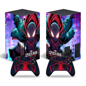 May include: A set of two video game console skins featuring Spider-Man: Miles Morales. The skins are black, purple, and blue with a graphic of Spider-Man in a red and black suit. The skins are designed to fit the Xbox Series X console and controller.