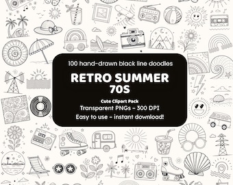 Retro Summer 70s Doodle Clipart | 100 Hand-Drawn Black Line PNGs | Icons for Crafters