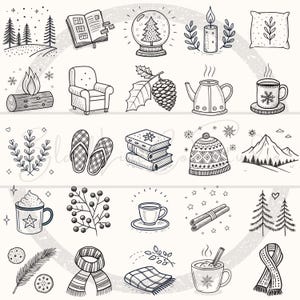 Op de afbeelding: Een verzameling handgetekende winterillustraties in zwart en wit. De afbeeldingen bevatten een sneeuwbol, een stapel boeken, een kop warme chocolademelk, een gezellige fauteuil, een sjaal en een paar slippers.