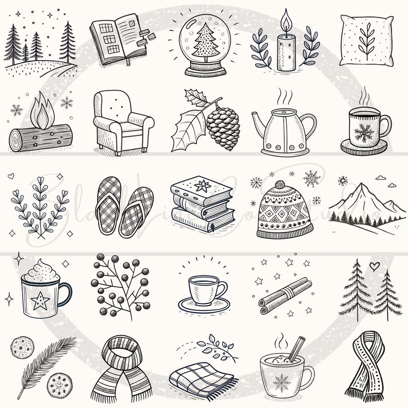 Op de afbeelding: Een verzameling handgetekende winterillustraties in zwart en wit. De afbeeldingen bevatten een sneeuwbol, een stapel boeken, een kop warme chocolademelk, een gezellige fauteuil, een sjaal en een paar slippers.