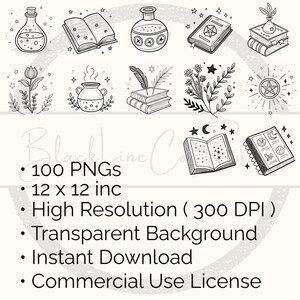 May include: A collection of black and white line art illustrations featuring potion bottles, books, flowers, and stars. The image includes the text "100 PNGs" and "12 x 12 inc".