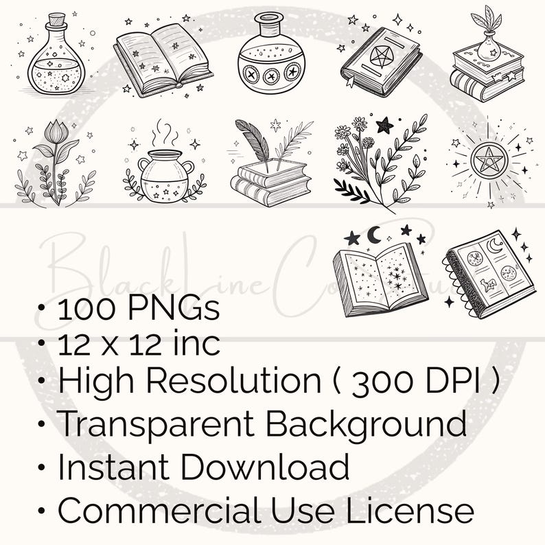 May include: A collection of black and white line art illustrations featuring potion bottles, books, flowers, and stars. The image includes the text "100 PNGs" and "12 x 12 inc".
