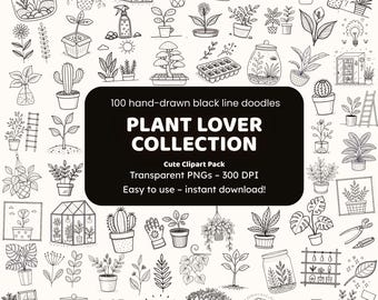 Plant Lover Collection Doodle Clipart | 100 Hand-Drawn Black Line PNG Icons | Icons for Crafters
