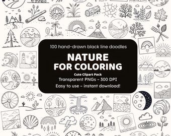Nature for Coloring Doodle Clipart | 100 Hand-Drawn Black Line PNGs | Icons for Crafters
