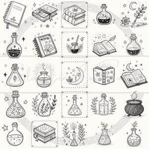 May include: Black and white line art illustrations of magical items, including potion bottles, spell books, a cauldron, and a crescent moon with a face. The drawings are detailed and surrounded by stars and floral elements.