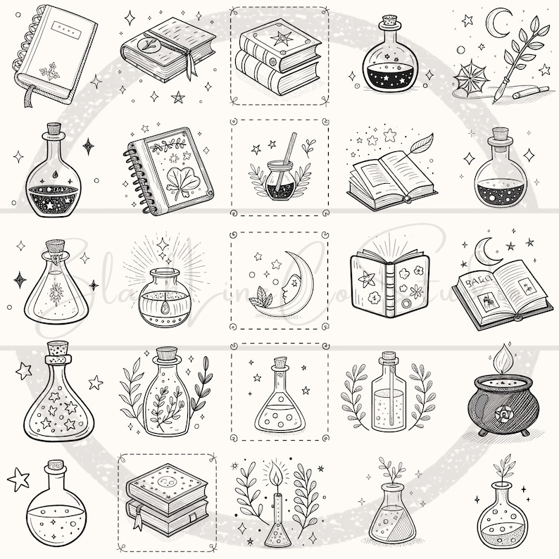 May include: Black and white line art illustrations of magical items, including potion bottles, spell books, a cauldron, and a crescent moon with a face. The drawings are detailed and surrounded by stars and floral elements.
