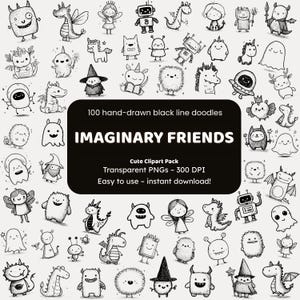 Denkbeeldige vrienden doodle clipart | 100 handgetekende png-pictogrammen | Black Line Art-stickers voor knutselaars