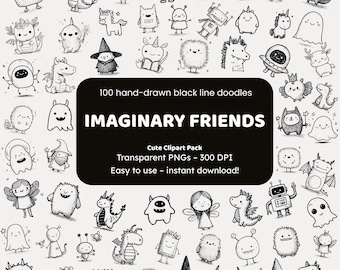 Imaginary Friends Doodle Clipart | 100 Hand-Drawn PNG Icons | Black Line Art Stickers for Crafters