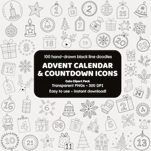 Advent Calendar & Countdown Doodle Clipart | 100 Hand-Drawn PNG Icons | Black Line Art for Crafters