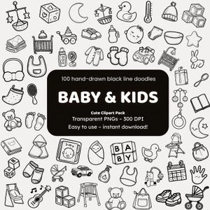 Baby- och barnklotter Clipart | 100 handritade PNG-ikoner | Svarta linjekonstklistermärken för hantverkare