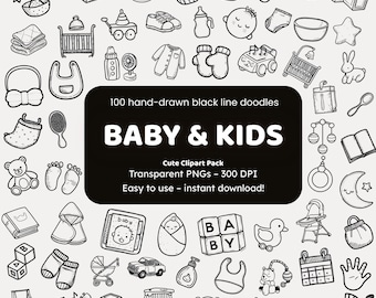 Baby & Kids Doodle Clipart | 100 Hand-Drawn PNG Icons | Black Line Art Stickers for Crafters
