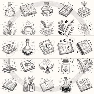May include: A series of black and white illustrations depicting magical items. The image shows potion bottles, spell books with pentagrams, open books with stars, and floral designs, all set against a backdrop of stars.