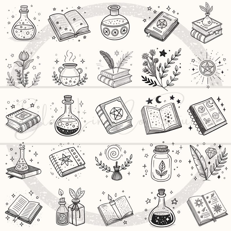 May include: A series of black and white illustrations depicting magical items. The image shows potion bottles, spell books with pentagrams, open books with stars, and floral designs, all set against a backdrop of stars.