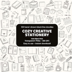 Può includere: Illustrazione in bianco e nero di vari articoli di cancelleria disegnati a mano, tra cui quaderni, penne e accessori da scrivania. L'immagine include il testo "COZY CREATIVE STATIONERY" e "Cute Clipart Pack".