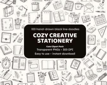 Cozy Creative Stationery Doodle Clipart | 100 Hand-Drawn Black Line PNGs | Icons for Crafters