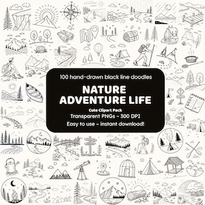 Natur Abenteuer Leben Doodle Clipart | 100 von Hand gezeichnete schwarze Linien PNGs | Icons für Handwerker