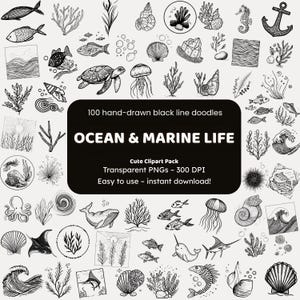 Clipart de vida marina y del océano / 100 garabatos de líneas negras dibujados a mano PNG / Iconos para artesanos imagen 1