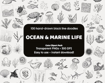 Clipart de Vida Marinha e Oceânica | 100 Desenhos à Mão em Preto e Branco em PNG | Ícones para Artesãos