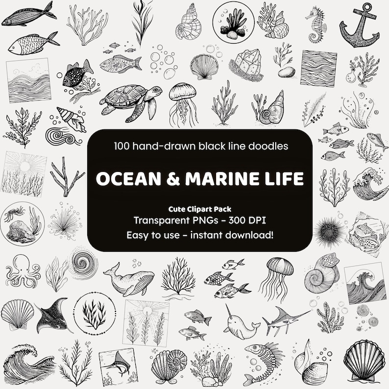 Clipart de vida marina y del océano / 100 garabatos de líneas negras dibujados a mano PNG / Iconos para artesanos imagen 1