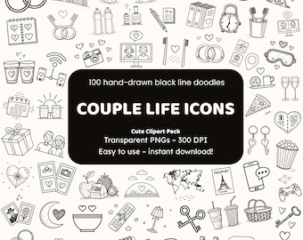 Couple Life Icons Doodle Clipart | 100 Hand-Drawn Love PNGs | Minimal Relationship Icons for Crafters