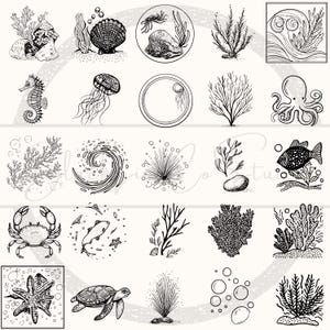 Puede incluir: Ilustraciones en blanco y negro de varias criaturas marinas y elementos marinos, incluyendo un caballito de mar, una medusa, un pulpo, un cangrejo, un pez, una estrella de mar y una tortuga. Tambi&eacute;n incluye coral, algas y burbujas.