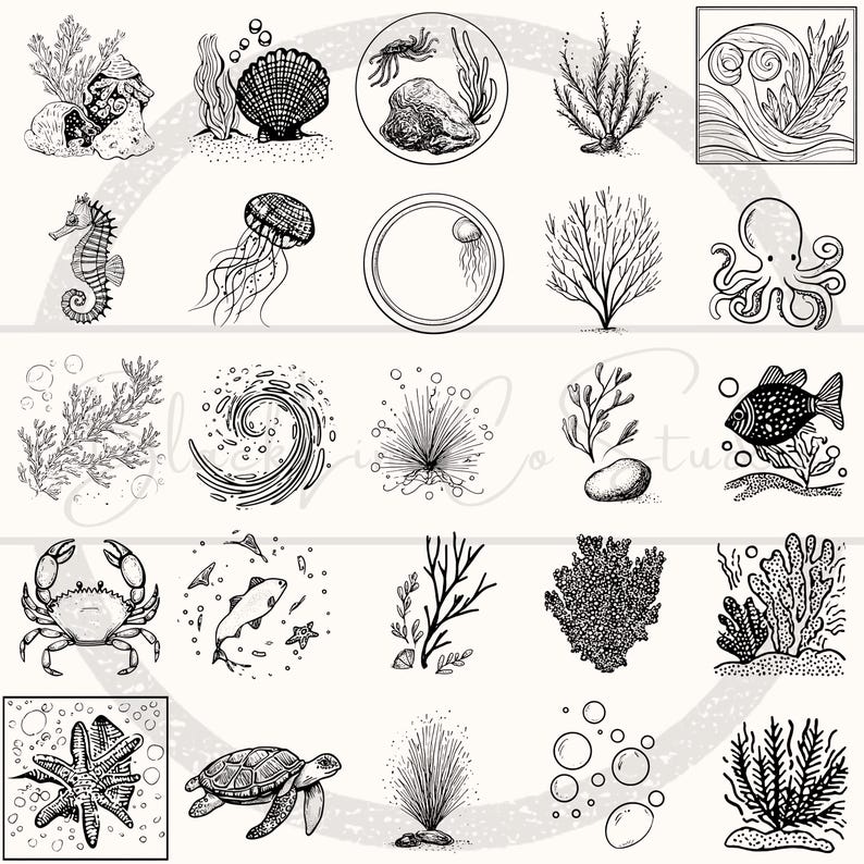 Puede incluir: Ilustraciones en blanco y negro de varias criaturas marinas y elementos marinos, incluyendo un caballito de mar, una medusa, un pulpo, un cangrejo, un pez, una estrella de mar y una tortuga. Tambi&eacute;n incluye coral, algas y burbujas.