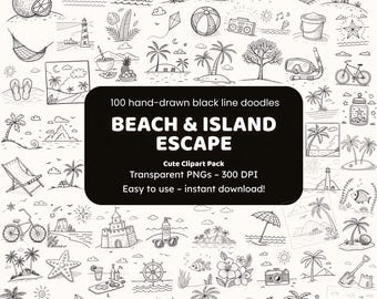 Beach & Island Escape Doodle Clipart | 100 Hand-Drawn Black Line PNGs | Icons for Crafters